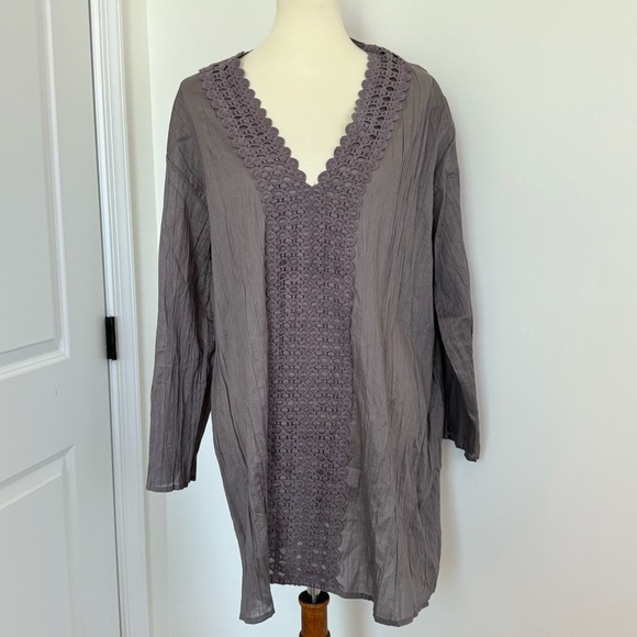 Garnet Hill XL Gauzy Swim Coverup Eyelet Taupe 3/4 Sleeve Boat Summer Resortwear - Picture 1 of 10